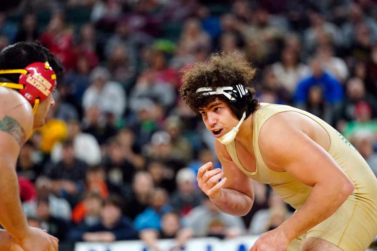 Jim Mullen of St. Joseph's Montvale, right, faces Dominick Brogna of Bergen Catholic in the 285-pound final on Day 3 of the NJSIAA state wrestling championships in Atlantic City on Thursday, March 5, 2022.