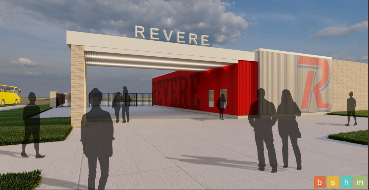 The Revere school board recently approved an expansion to its entryway at Revere Stadium, as shown here in this rendering completed by BSHM Architects Inc. in Youngstown.