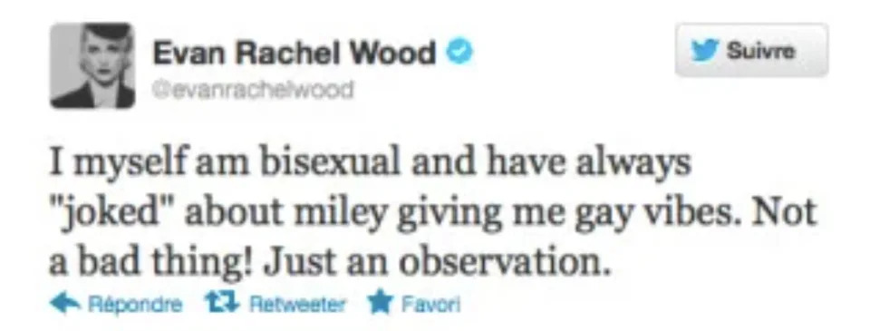 Evan Rachel Wood tweets about being bisexual and observes that Miley gives her gay vibes, clarifying it's not a bad thing