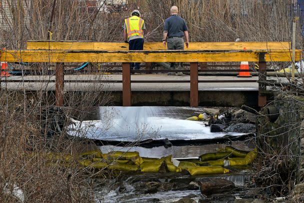 PHOTO: HEPACO workers, an environmental and emergency services company, observe a stream in East Palestine, Ohio, Feb. 9, 2023, as the cleanup continues after the derailment of a Norfolk Southern freight train. (Gene J. Puskar/AP, FILE)