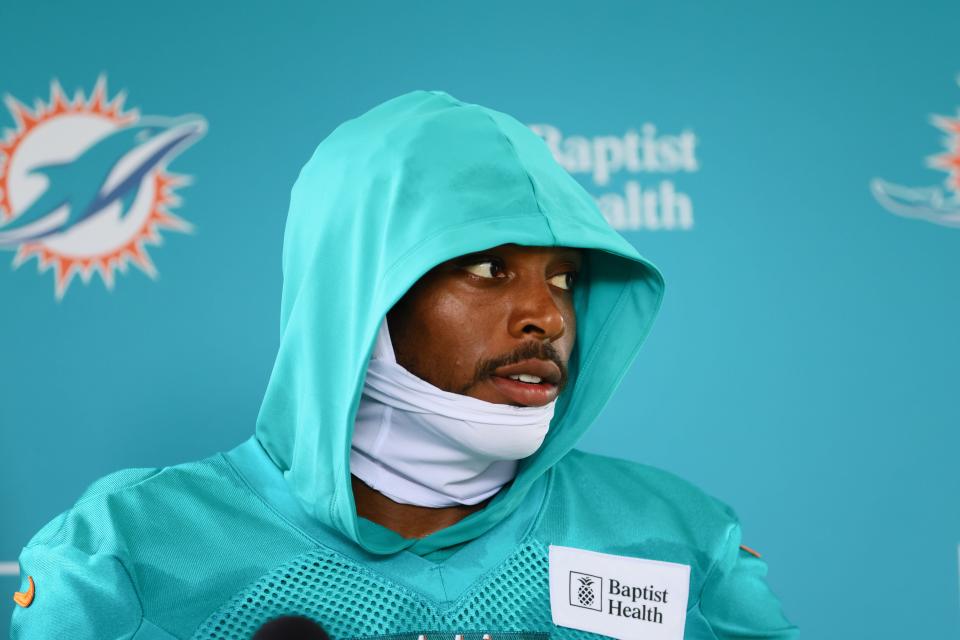 Jul 24, 2024; Miami Gardens, FL, USA; Miami Dolphins cornerback Jalen Ramsey (5) talks to reporters during training camp at Baptist Health Training Complex. Mandatory Credit: Sam Navarro-USA TODAY Sports