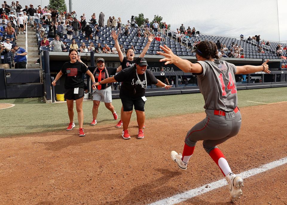 Spanish Fork celebrates winning the 5A softball championship game against Bountiful at the Miller Park Complex in Provo on Friday, May 26, 2023. Spanish Fork won 8-4. | Kristin Murphy, Deseret News