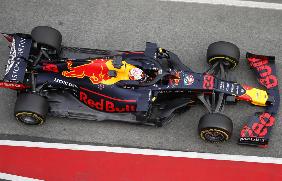 Red Bull driver Max Verstappen of the Netherlands steers his car, during a Formula One pre-season testing session at the Barcelona Catalunya racetrack in Montmelo, outside Barcelona, Spain, Wednesday, Feb.20, 2019. (AP Photo/Joan Monfort)