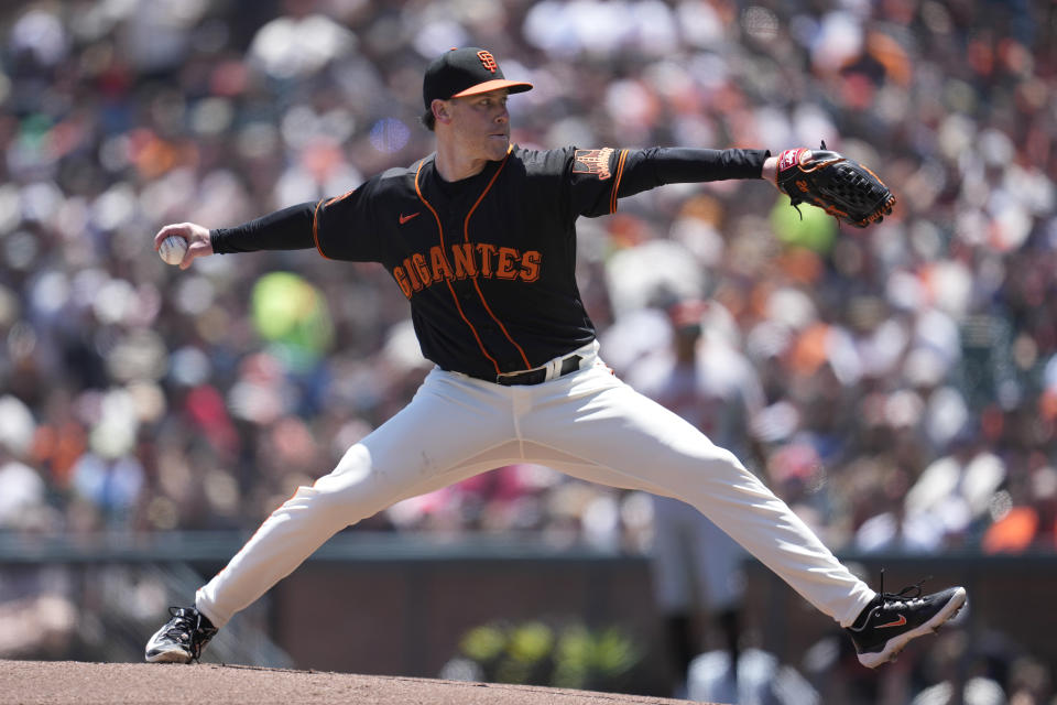 San Francisco Giants pitcher Anthony DeSclafani works against the Baltimore Orioles during the first inning of a baseball game in San Francisco, Sunday, June 4, 2023. (AP Photo/Jeff Chiu)