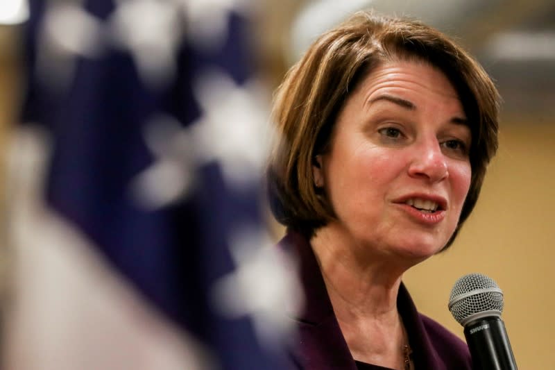 FILE PHOTO: Democratic 2020 U.S. presidential candidate Amy Klobuchar speaks at a campaign town hall meeting in Mason, Iowa,