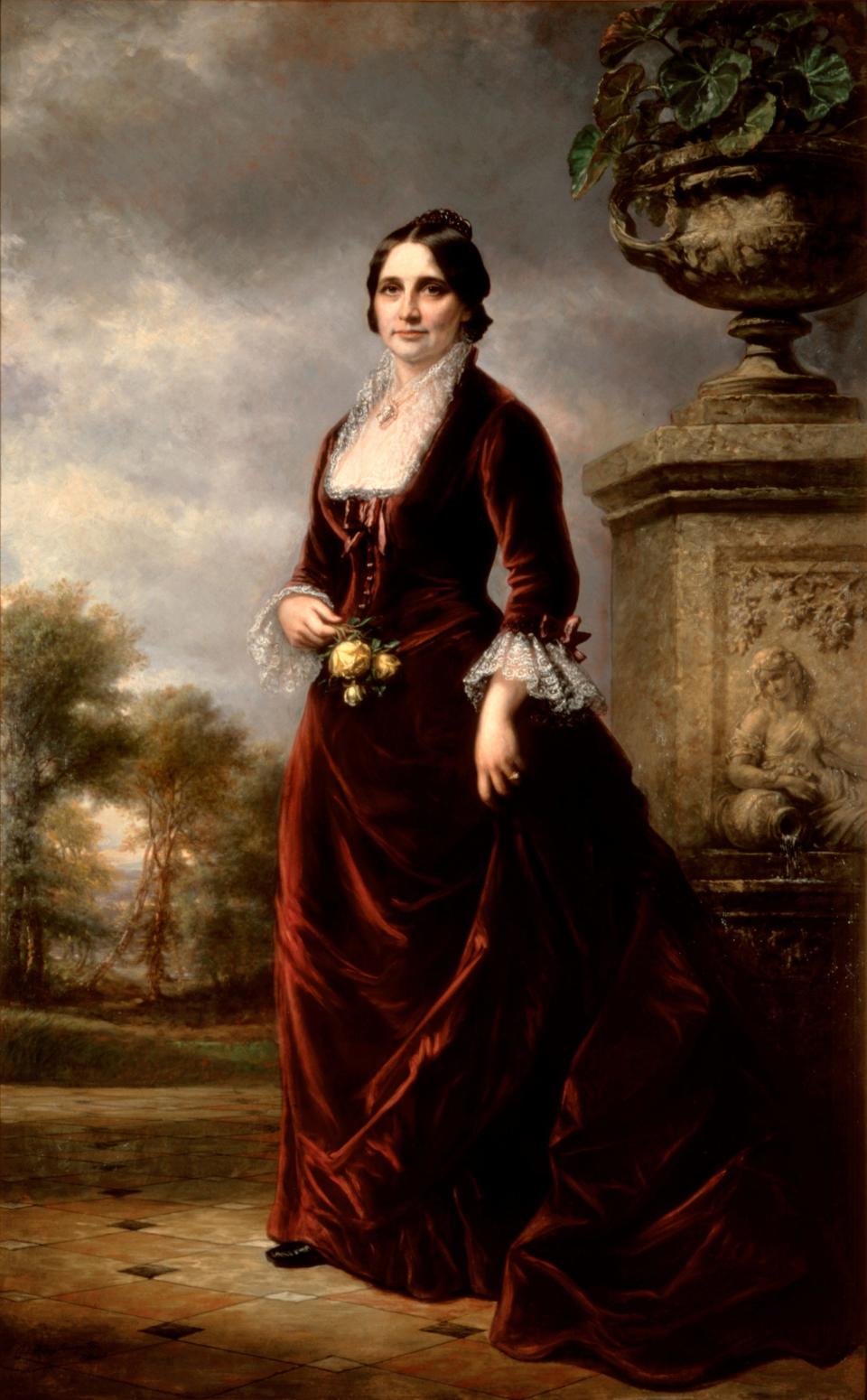 This oil on canvas portrait of first lady Lucy Webb Hayes. She was an abolitionist and a staunch supporter of the temperance movement.
