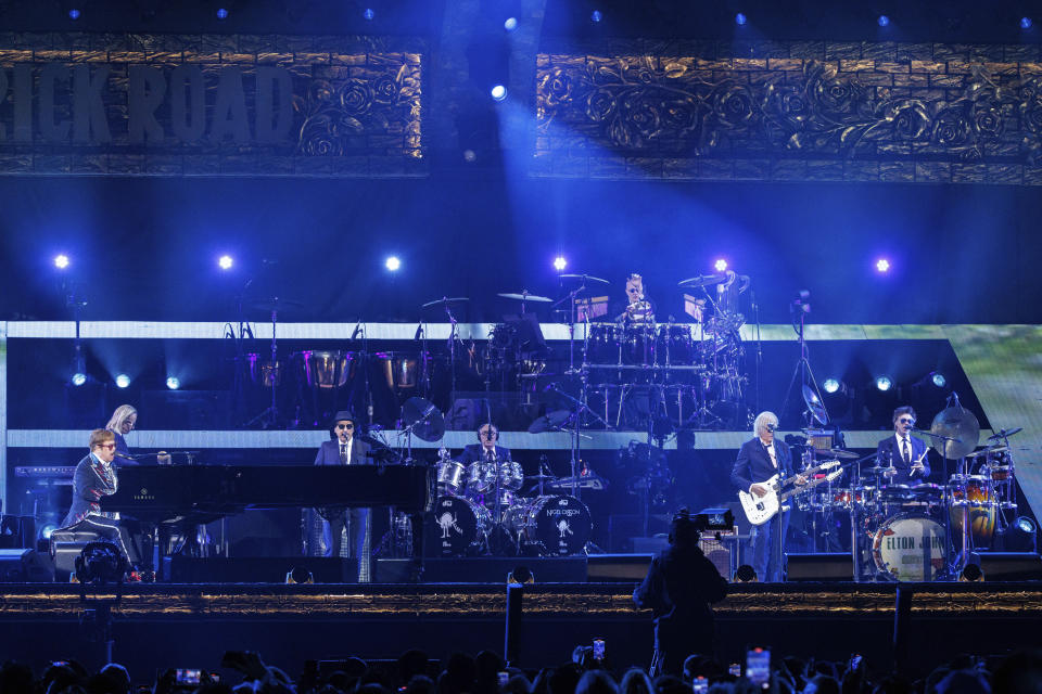 Sir Elton John performs live at the Elton John's final North American show of his "Farewell Yellow Brick Road" tour on Sunday, Nov. 20, 2022, at the Dodger Stadium in Los Angeles. (Photo by Willy Sanjuan/Invision/AP)