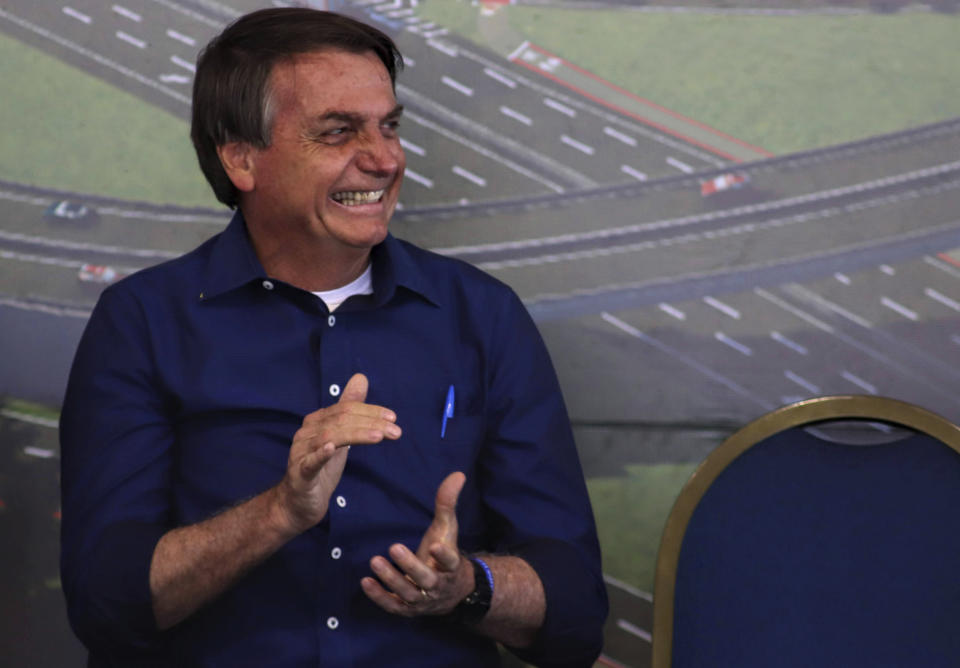 President Jair Bolsonaro was in Foz do Iguaçu and fulfilled an agenda that began at 9 am with a visit to the works at Foz do Iguaçu International Airport, followed by the Launching Ceremony of the Foundation Stone for the Duplication of BR-469, which connects the center of Foz do iguaçu to Iguaçu National Park where the Iguaçu Falls are located in Foz do Iguacu, Brazil on August 27, 2020. (Photo: Christian Rizzi/Fotoarena/Sipa USA)(Sipa via AP Images)