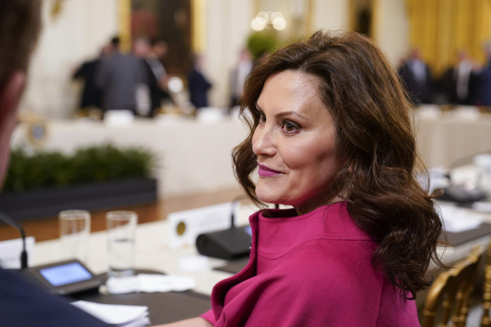 FILE - Michigan Gov. Gretchen Whitmer arrives ahead of a meeting with President Joe Biden and the National Governors Association in the East Room, Friday, Feb. 10, 2023, in Washington. (AP Photo/Manuel Balce Ceneta, File)