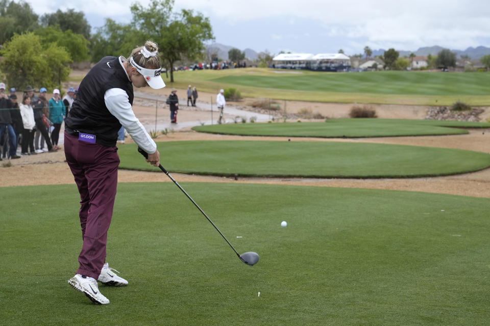 Nelly Korda hits a tee shot on the 18th hole during the final round of the LPGA Ford Championship golf tournament Sunday, March 31, 2024, in Gilbert, Ariz. (AP Photo/Ross D. Franklin)