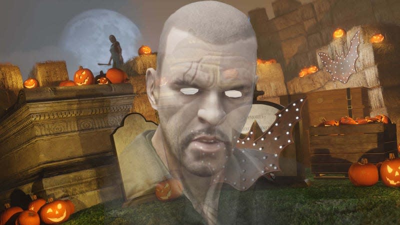 An image shows a Halloween scene from GTA Online and the ghost of a man. 