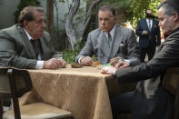 This image released by Warner Bros. Pictures shows, from left, Joey Coco Diaz, Ray Liotta and John Borras in "The Many Saints of Newark." Liotta, the actor best known for playing mobster Henry Hill in “Goodfellas” and baseball player Shoeless Joe Jackson in “Field of Dreams,” has died. He was 67. A representative for Liotta told The Hollywood Reporter and NBC News that he died in his sleep Wednesday night in the Dominican Republic, where he was filming a new movie. (Warner Bros. Pictures via AP)