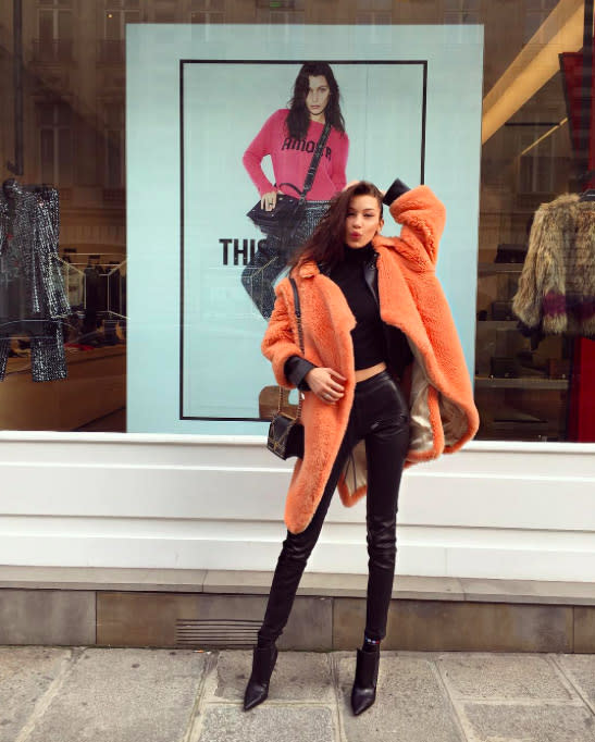 <p>When the real-life version of you is so much better than the window version. That is the case for Bella Hadid, who showed off her mile-long legs (in leather pants) outside a Zadig & Voltaire store in Paris. (Photo: <a rel="nofollow noopener" href="https://www.instagram.com/p/BPxLPRfgq_E/" target="_blank" data-ylk="slk:Instagram" class="link rapid-noclick-resp">Instagram</a>) </p>