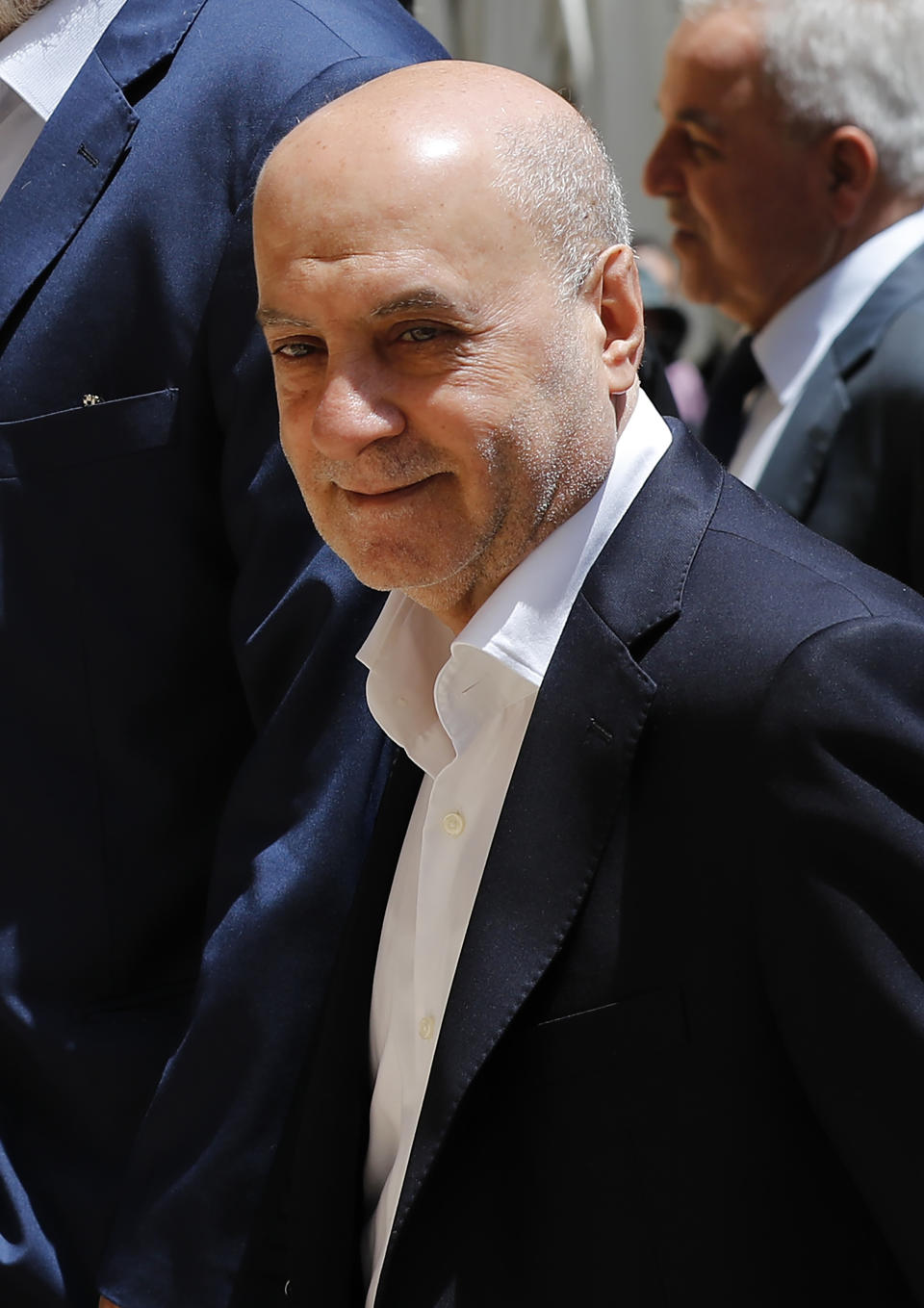 In this May 23, 2018 photo, Amin Sherri, a Lebanese lawmaker of the Hezbollah bloc, enters parliament for the election of the house speaker in Beirut, Lebanon. The U.S. Treasury Department is imposing sanctions Lebanon Parliament members Amin Sherri and Muhammad Hasan Ra'd, and Hezbollah official Wafiq Safa, who are suspected of using their positions to further the aims of the Iran-backed military group and "bolster Iran's malign activities. (AP Photo/Hussein Malla)