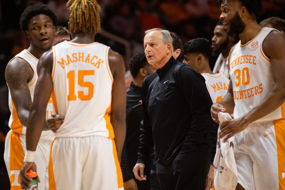 Tennessee Head Coach Rick Barnes during a game between Tennessee and Lenoir-Rhyne at Food City Center at Thompson-Boling Arena in Knoxville on Tuesday, Oct. 31, 2023.