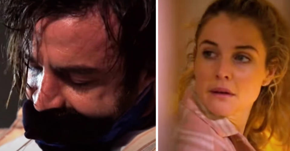 L: Home and Away character Remi tied up with a gag around his mouth. R: Bree looks worried