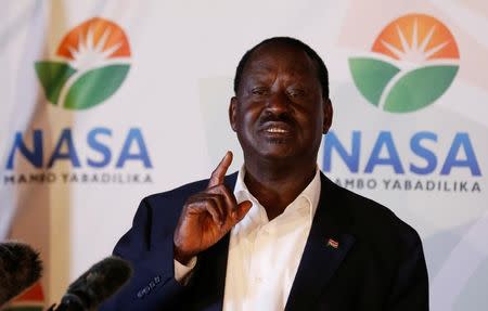 Kenyan opposition leader Raila Odinga, the presidential candidate of the National Super Alliance (NASA) coalition, address a news conference on the concluded presidential election in Nairobi, Kenya, August 9, 2017. REUTERS/Thomas Mukoya