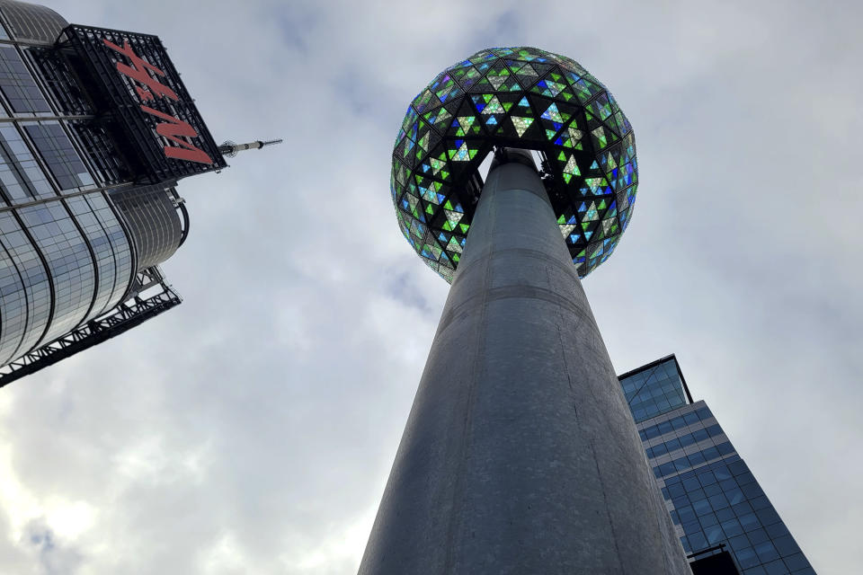 The New Year's Eve ball is shown in Times Square on Saturday, Dec. 30, 2023 in New York. With throngs of revelers set to usher in the new year under the bright lights of Times Square, officials and organizers say they are prepared to welcome the crowds and ensure their safety. (AP Photo/Julie Walker)