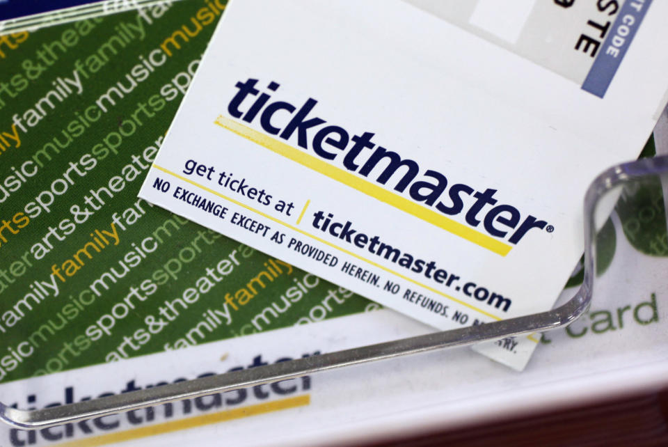 FILE - Ticketmaster tickets and gift cards are shown at a box office in San Jose, Calif., on May 11, 2009. The Justice Department was expected to file a sweeping antitrust lawsuit against Ticketmaster and its parent company, Live Nation Entertainment, on Thursday, May 23, 2024. (AP Photo/Paul Sakuma, File)