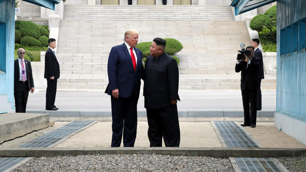 A handout photo provided by Dong-A Ilbo of North Korean leader Kim Jong Un and U.S. President Donald Trump inside the demilitarized zone (DMZ) separating the South and North Korea on June 30, 2019 in Panmunjom, South Korea.  