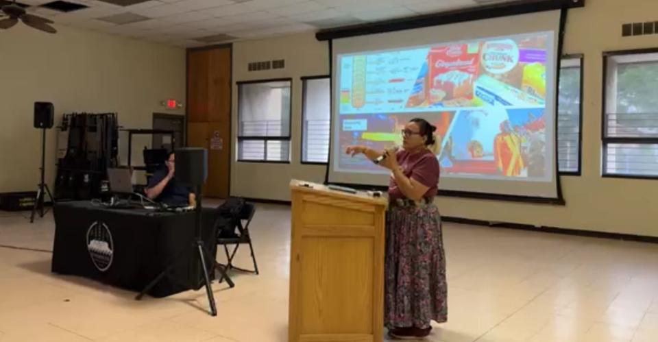 Eleanor Smith, a community organizer with Tó Nizhóní Ání, presents during the Hydrogen Informational Summit in Shiprock on June 26