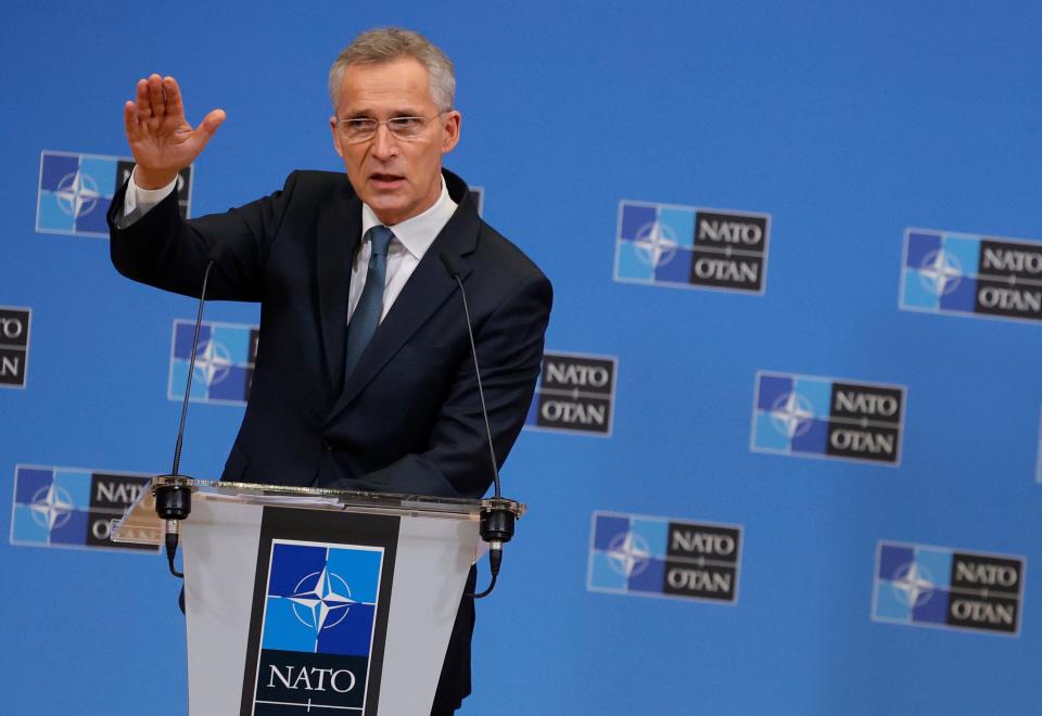 NATO Secretary General Jens Stoltenberg speaks during a media conference after a meeting of NATO defense ministers at NATO headquarters in Brussels, on Feb. 17, 2022. U.S. Defense Secretary Lloyd Austin and his NATO counterparts held talks on Thursday with ministers from Ukraine and Georgia, as Russia's military buildup around Ukraine fuels one of Europe's biggest security crises in decades.