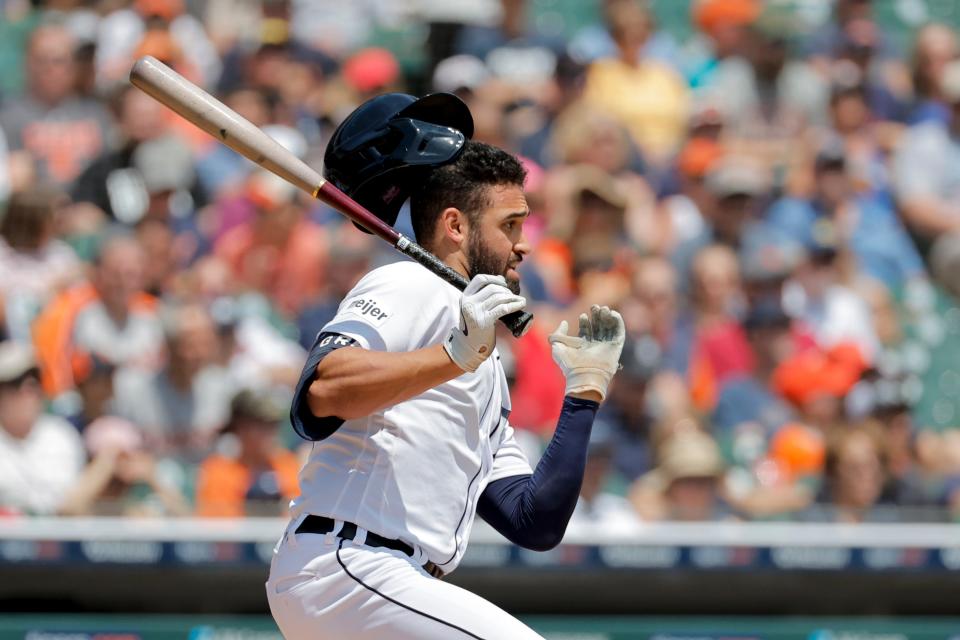 Detroit Tigers center fielder Riley Greene (31) loses his helmet at bat in the first inning against the Chicago White Sox at Comerica Park in Detroit on Sunday, May 28, 2023.