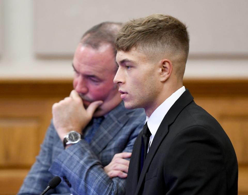 Blayze C. Patt, right, appears Monday with defense attorney Eugene O’Byrne before Judge Natalie R. Haupt in Stark County Common Pleas Court. Patt was convicted of aggravated vehicular homicide for causing an ATV crash that killed his friend Zachary D. Reed on July 17, 2022.