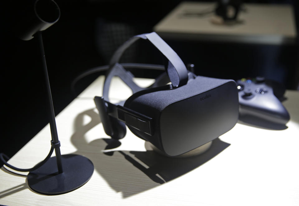 Oculus Rift VR headset on display following a news conference in San Francisco. (AP Photo/Eric Risberg)