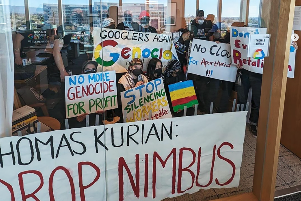 Google employees protest at the company offices in Sunnyvale, Calif., in an image posted to social media Wednesday. (@notechforapartheir via Instagram)