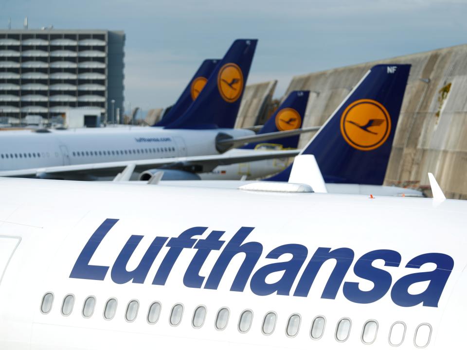 Lufthansa airplanes are seen parked on the tarmac during a strike of cabin crew union (UFO) at Frankfurt airport, Germany November 7, 2019. REUTERS/Ralph Orlowski/File Photo