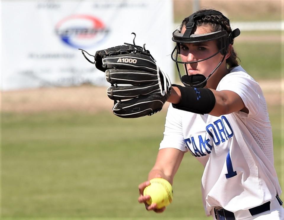 Stamford pitcher Emma Follis gets ready to throw a pitch to a Miles batter in the second inning. Stamford beat the Lady Dogs 21-2 in five innings Friday, May 5, 2023, at Jim Ned. Stamford won the second game 15-0 to sweep the Region I-2A area playoff series.