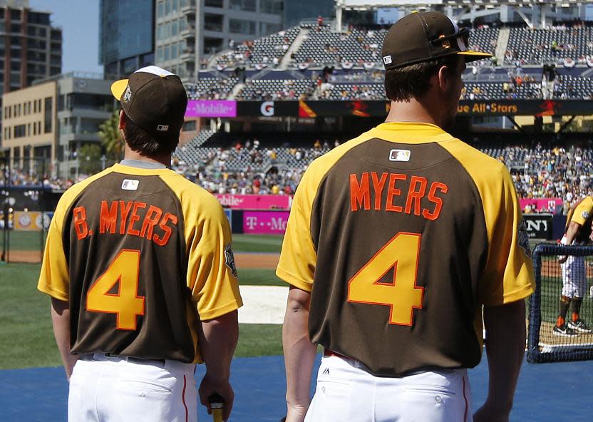 Beau Myers, left, and All-Star Wil Myers hang out before the Home Run Derby. (AP)