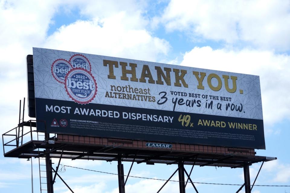 Out of state dispensary signs along Rt. 95 in Providence on April 24, 2023. 