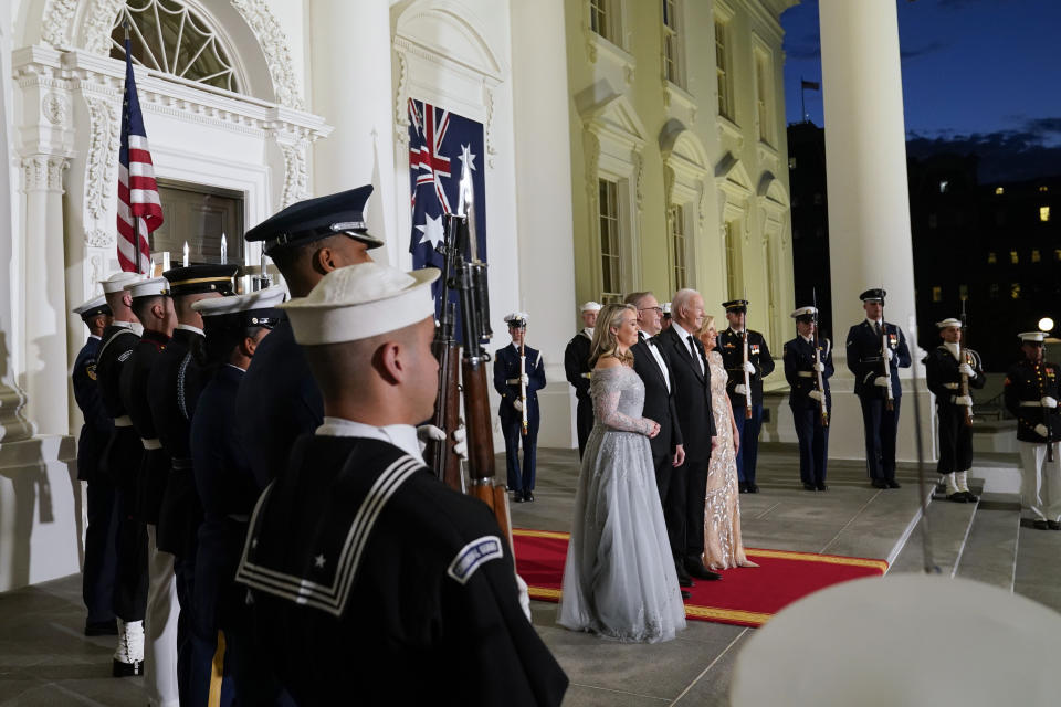 President Joe Biden and first lady Jill Biden welcome Australian Prime Minister Anthony Albanese and his partner Jodie Haydon on the North Portico of the White House for a State Dinner Wednesday, Oct. 25, 2023, in Washington. (AP Photo/Evan Vucci)