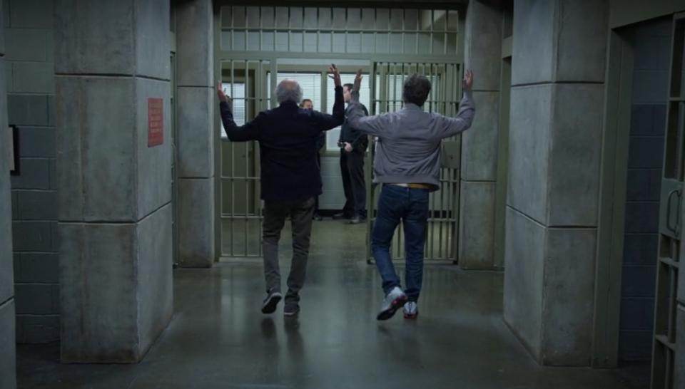 Larry David and Jerry Seinfeld leaving prison. HBO