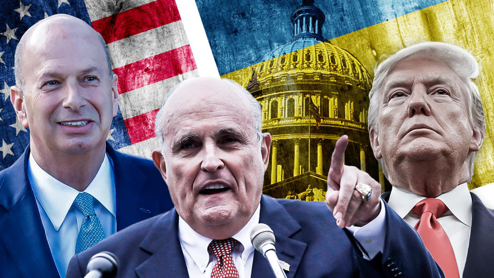 Gordon Sondland, Rudy Giuliani and Donald Trump. (Yahoo News photo illustration; photos: AP, Getty Images)