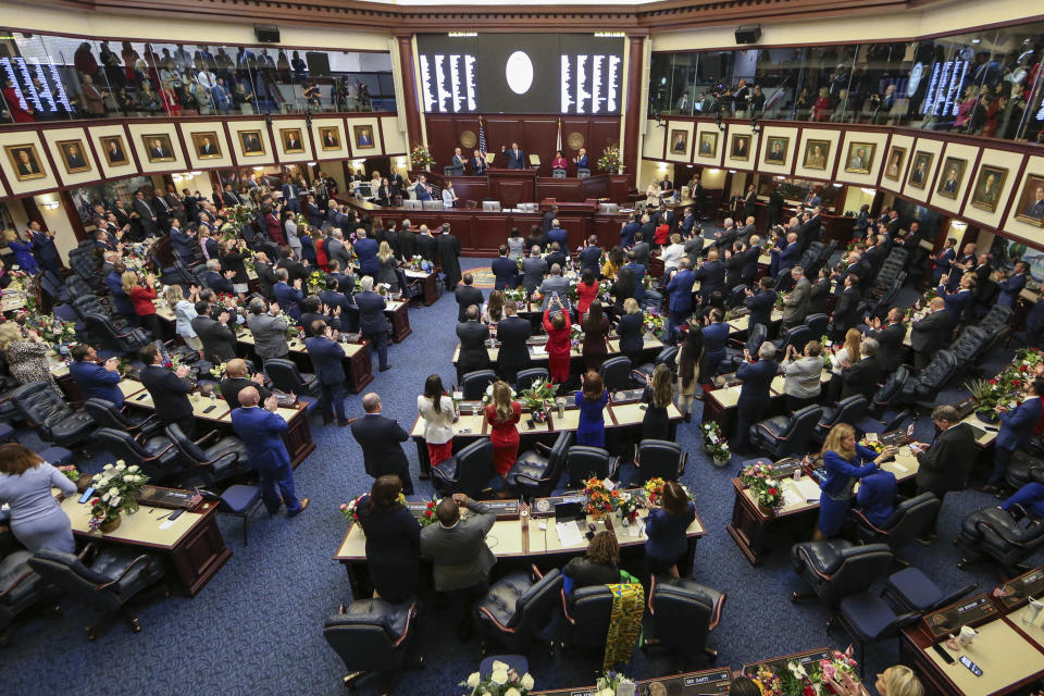 Florida Gov. Ron DeSantis gives his State of the State address during a joint session of the Senate and House of Representatives in Tallahassee, Fla., Tuesday, Jan. 9, 2024. (AP Photo/Gary McCullough)