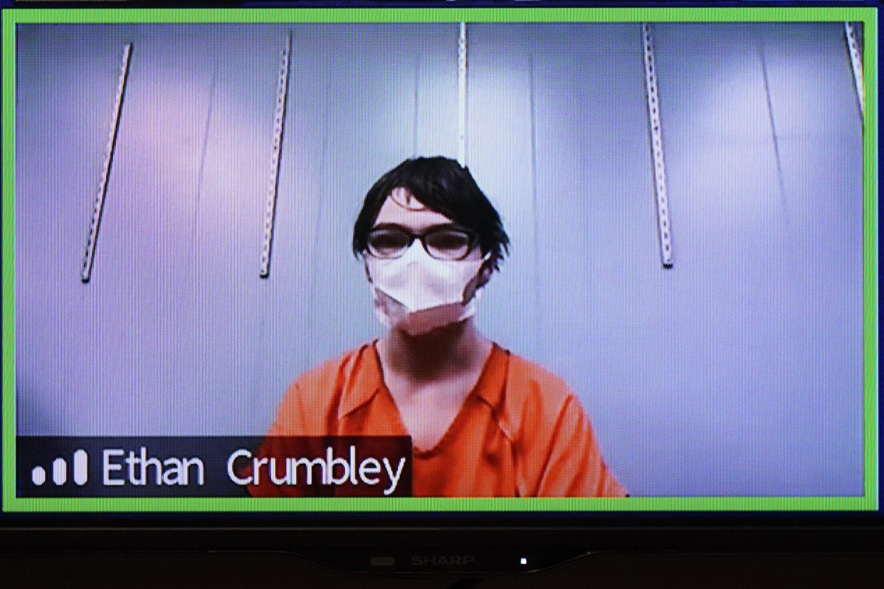 This image from 52-3 District Court shows Ethan Crumbley in a Zoom hearing in Rochester Hills, Mich., Friday, Jan. 7, 2022. (AP Photo/Carlos Osorio)