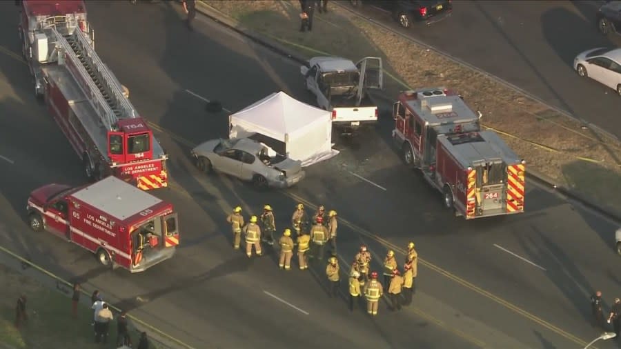 A three-car collision killed a 12-year-old girl and left nine other people hospitalized in South Los Angeles on July 5, 2024. (KTLA)