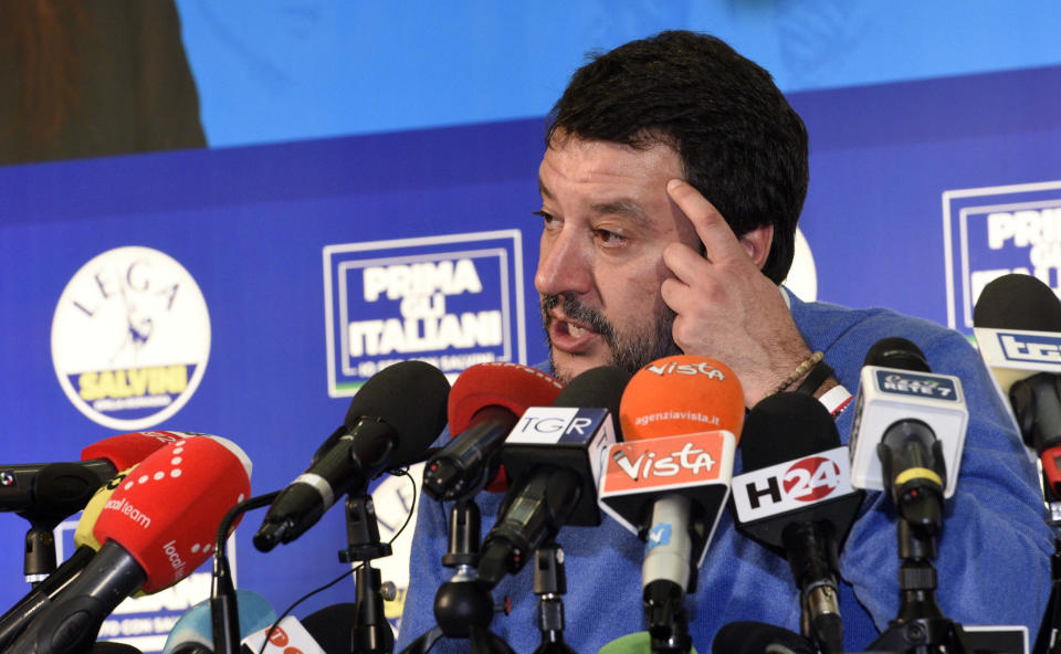 The League leader Matteo Salvini gives a press conference after polls closed in a regional election for the region of Emilia Romagna, in Bentivoglio, near Bologna, Italy, late Sunday, Jan. 26, 2020. Nearly complete results Monday, Jan. 27, 2020, of balloting for the governorship of the prosperous Emilia-Romagna region had the League's candidate some 8 percentage points behind the 51.4 percent garnered in Sunday's balloting, by the incumbent governor, of the center-left Democrats. (Stefano Cavicchi/LaPresse via AP)