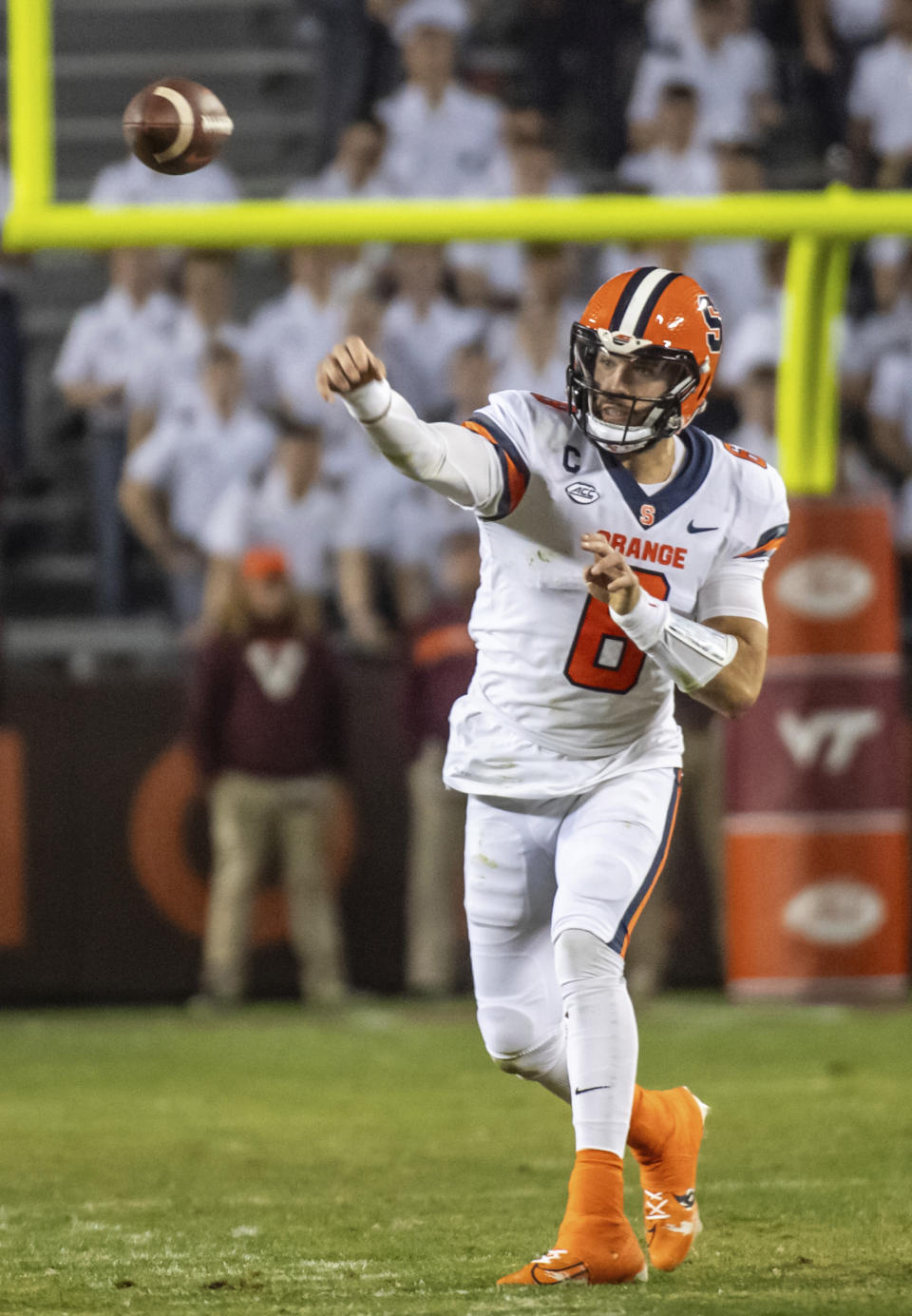 Syracuse's Garret Shrader (6) throws a pass against Virginia Tech during the first half of an NCAA college football game Thursday, Oct. 26, 2023, in Blacksburg, Va. (AP Photo/Robert Simmons)