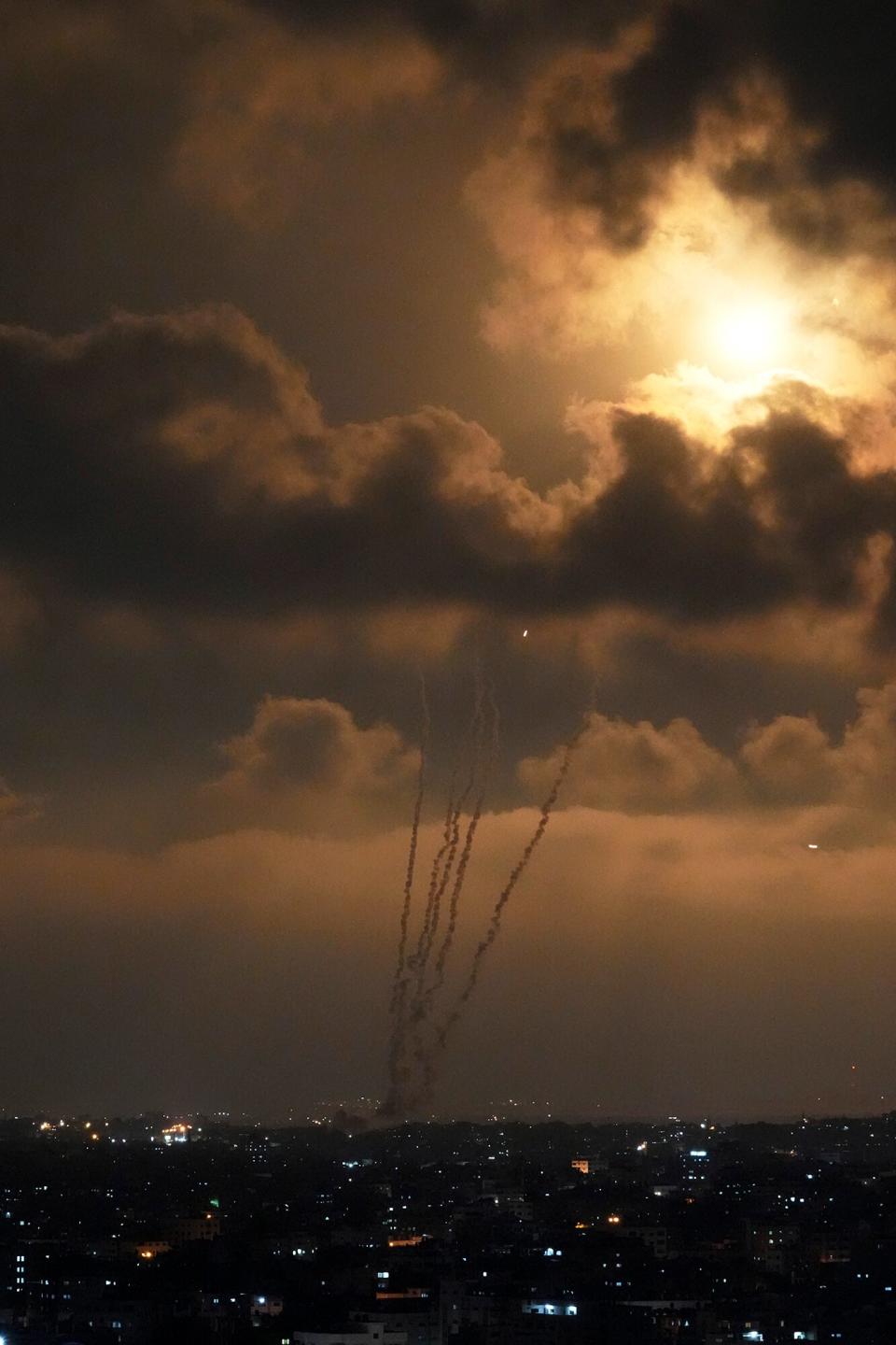 Israel's Iron Dome air defense system launches missiles to intercept rockets fired from the Gaza Strip toward Israel