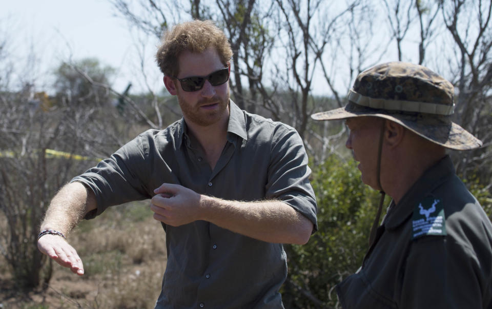 Prince Harry visiting a crime scene, with a forensic team, of a rhino killed by poachers in Kruger National Park as part of his tour to South Africa.