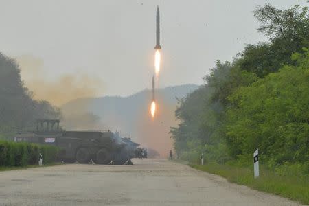 A fire drill of ballistic rockets by Hwasong artillery units of the KPA Strategic Force is pictured in this undated photo released by North Korea's Korean Central News Agency (KCNA) in Pyongyang September 6, 2016. KCNA/via Reuters