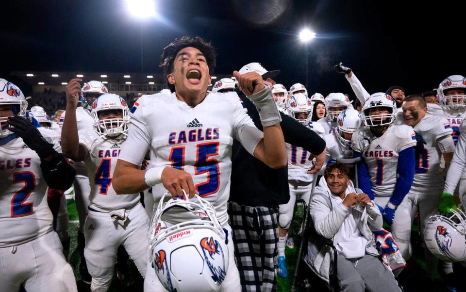 Graham-Kapowsin quarterback Daveon Superales and the Eagles celebrate their 28-21 victory over the Sumner Spartans in Friday night’s 4A football state quarterfinal game at Sunset Chev Stadium in Sumner, Washington, Nov. 18, 2022.