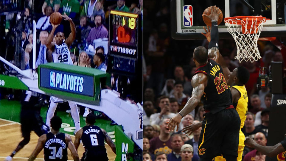 Al Horford’s shot-clock violation (left) and LeBron James’ goaltend stirred controversy. (Fox Sports screenshot/Getty Images)