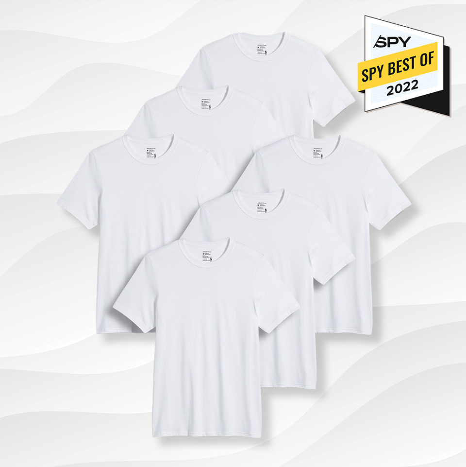 jockey classic crew white t-shirts against a white wavy background