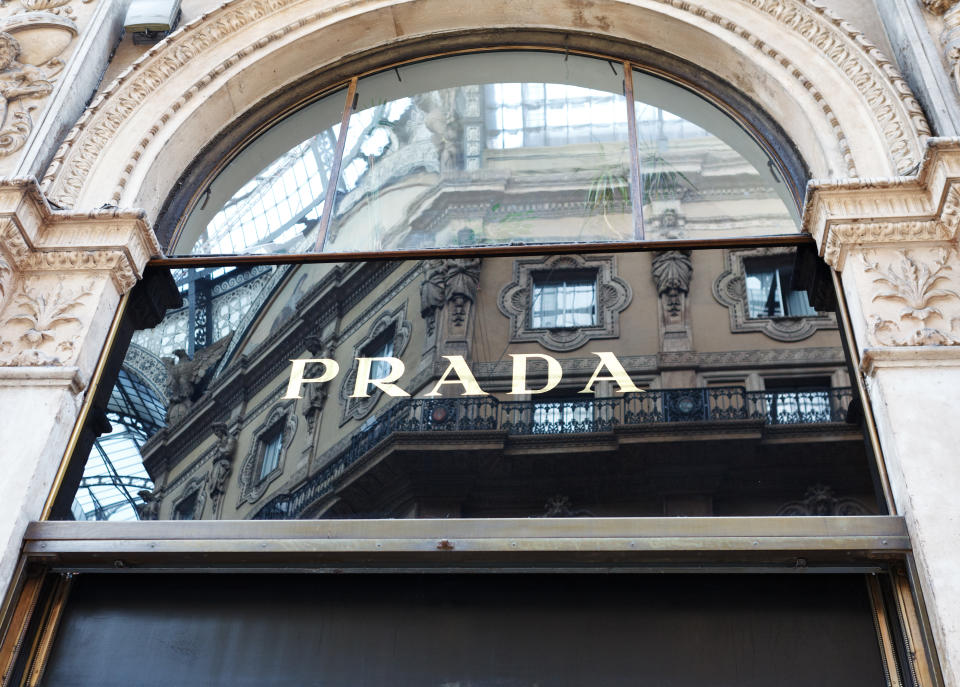 "Milano, Italy - April 26, 2011: Prada store sign located in the famous Galleria Vittorio Emanuele II, Milano."