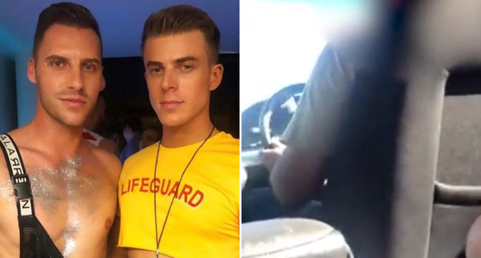 Aaron Brown and Ryan Ottey (left and right in photo on the left) claim they were kicked out of an Uber in Sydney for being gay. Mr Ottey filmed a confrontation with the Uber driver (right). Source: Instagram/ Aaron Brown and Facebook/ Ryan Ottey